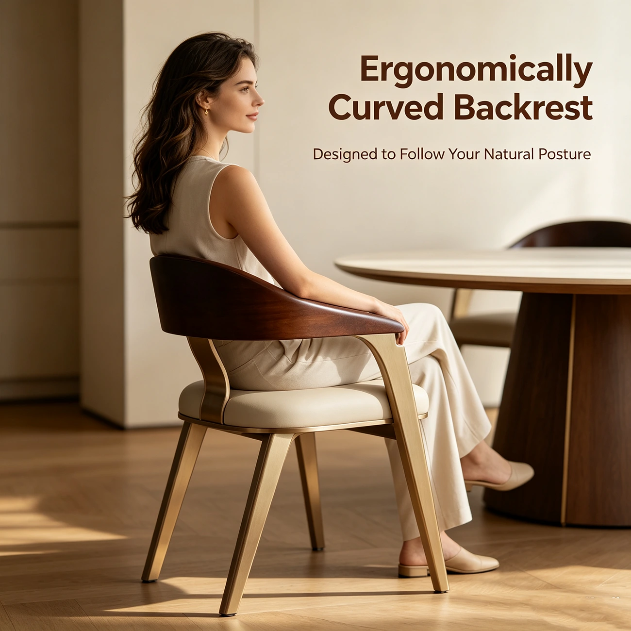 Luxury Curved Back Genuine Leather Dining Chair Armrest Image - 3 | homeyfad