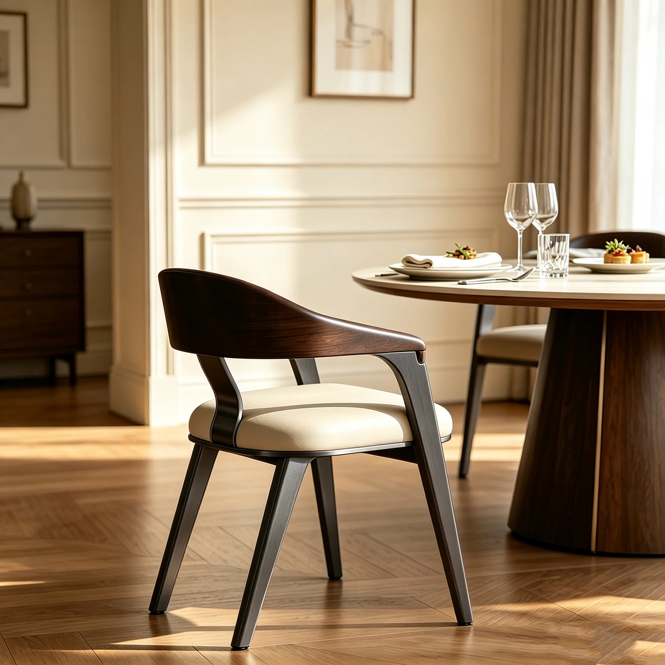 Luxury Curved Back Genuine Leather Dining Chair Armrest Image - 2 | homeyfad