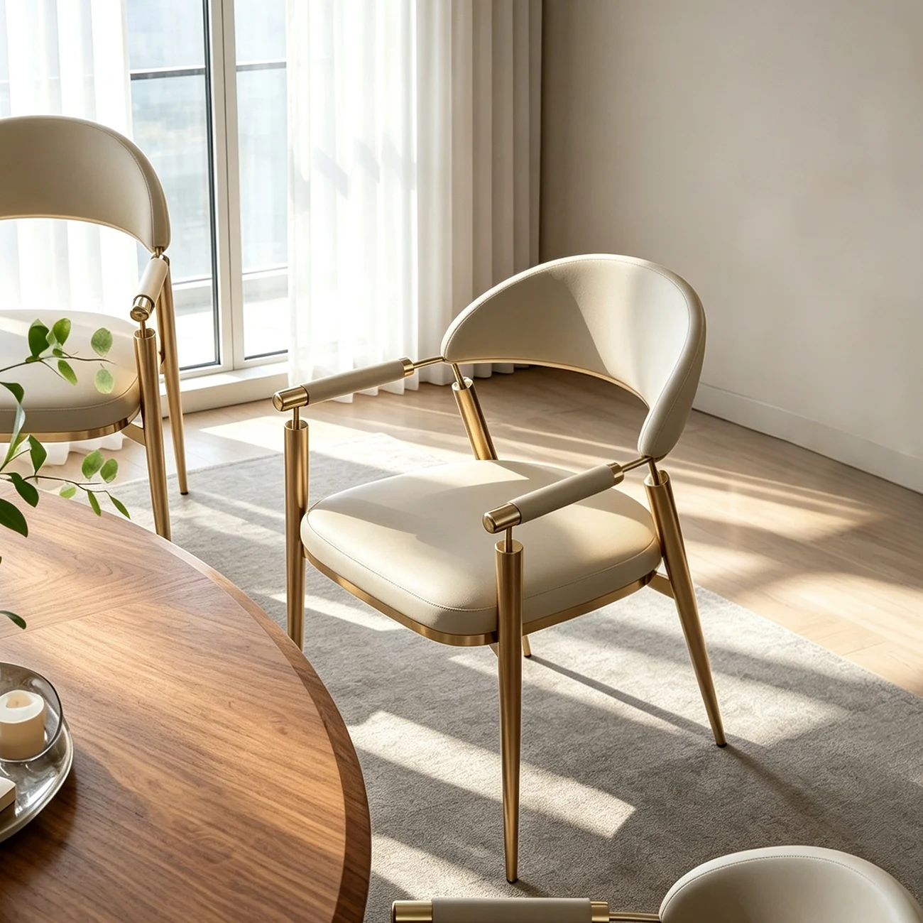 Luxury Armrest Genuine Leather Dining Chair with Gold Legs Image - 5 | homeyfad
