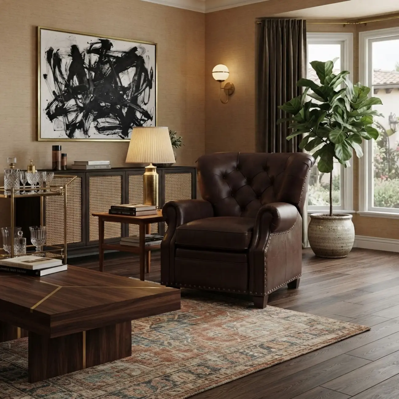 Classic Wide Brown Top-Grain Leather Tufted Manual Recliner Chair Image - 9 | homeyfad