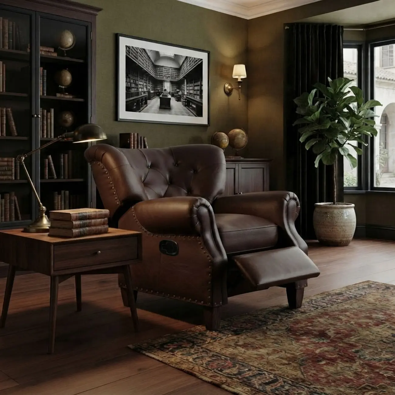 Classic Wide Brown Top-Grain Leather Tufted Manual Recliner Chair Image - 8 | homeyfad