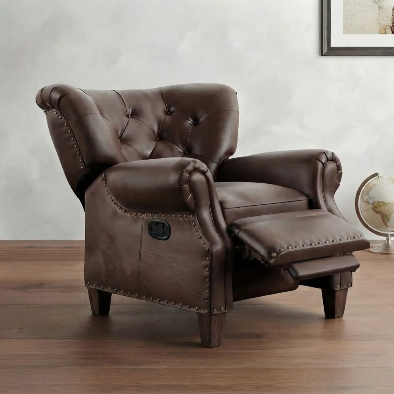 Classic Wide Brown Top-Grain Leather Tufted Manual Recliner Chair Image - 11 | homeyfad