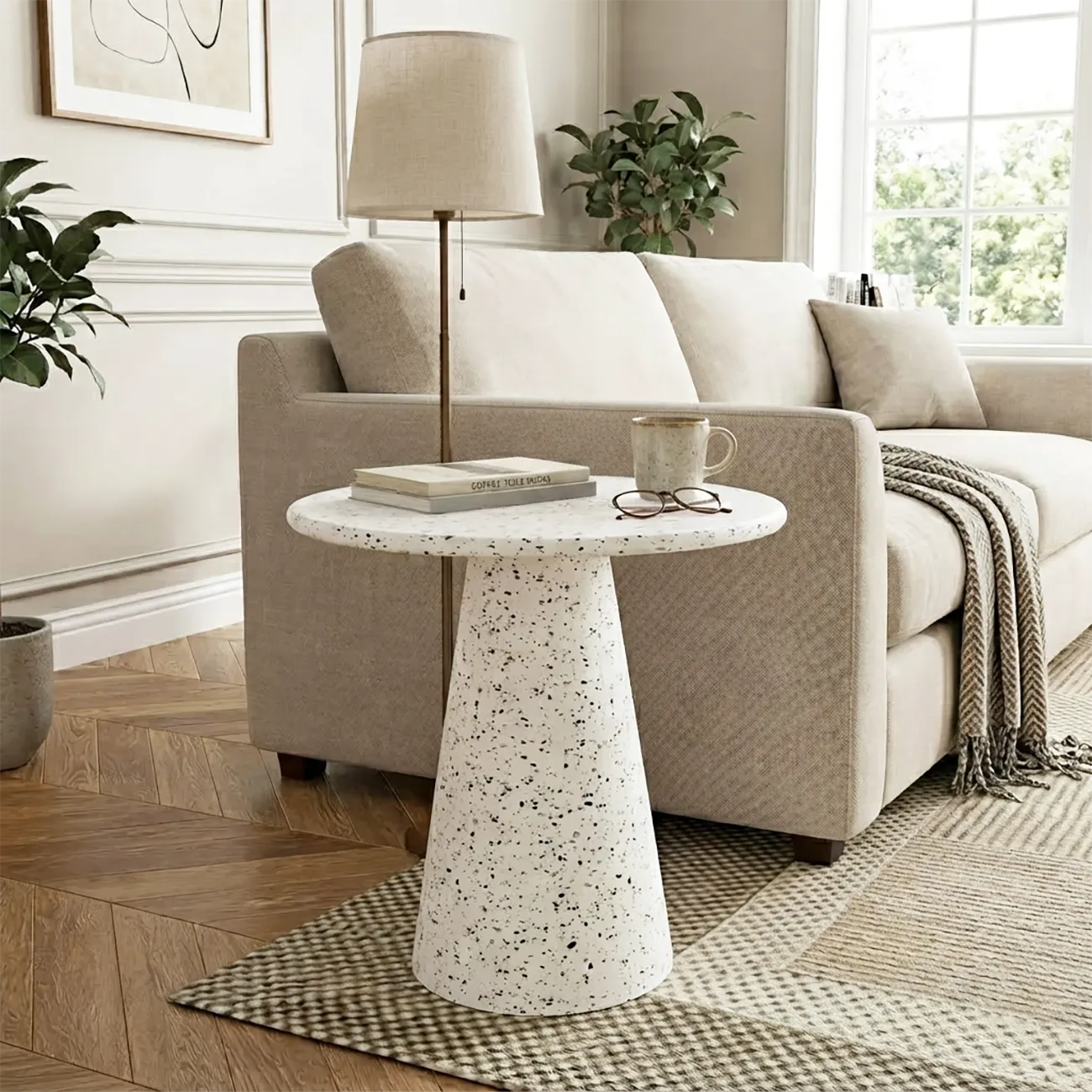 Modern Round Beige Metal End Table for Living Room Image - 3 | homeyfad