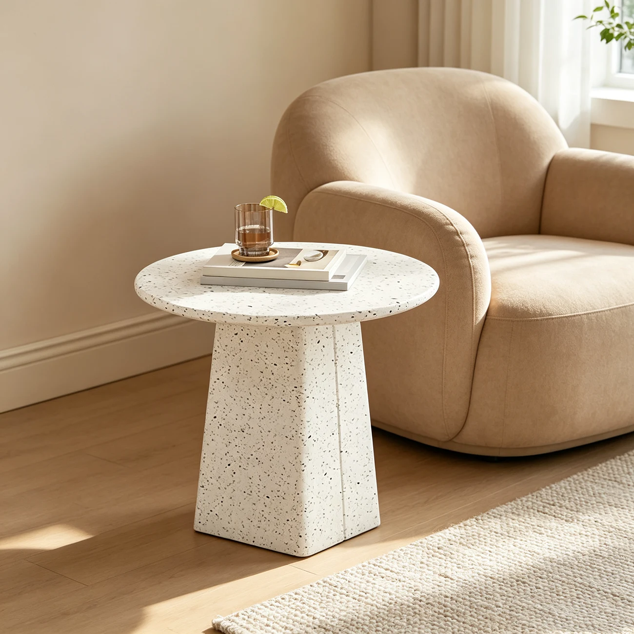 Modern Round Beige Metal End Table for Living Room Image - 8 | homeyfad