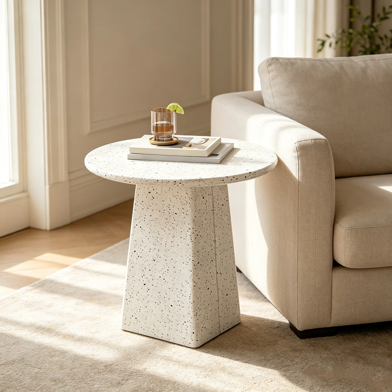 Modern Round Beige Metal End Table for Living Room Image - 2 | homeyfad