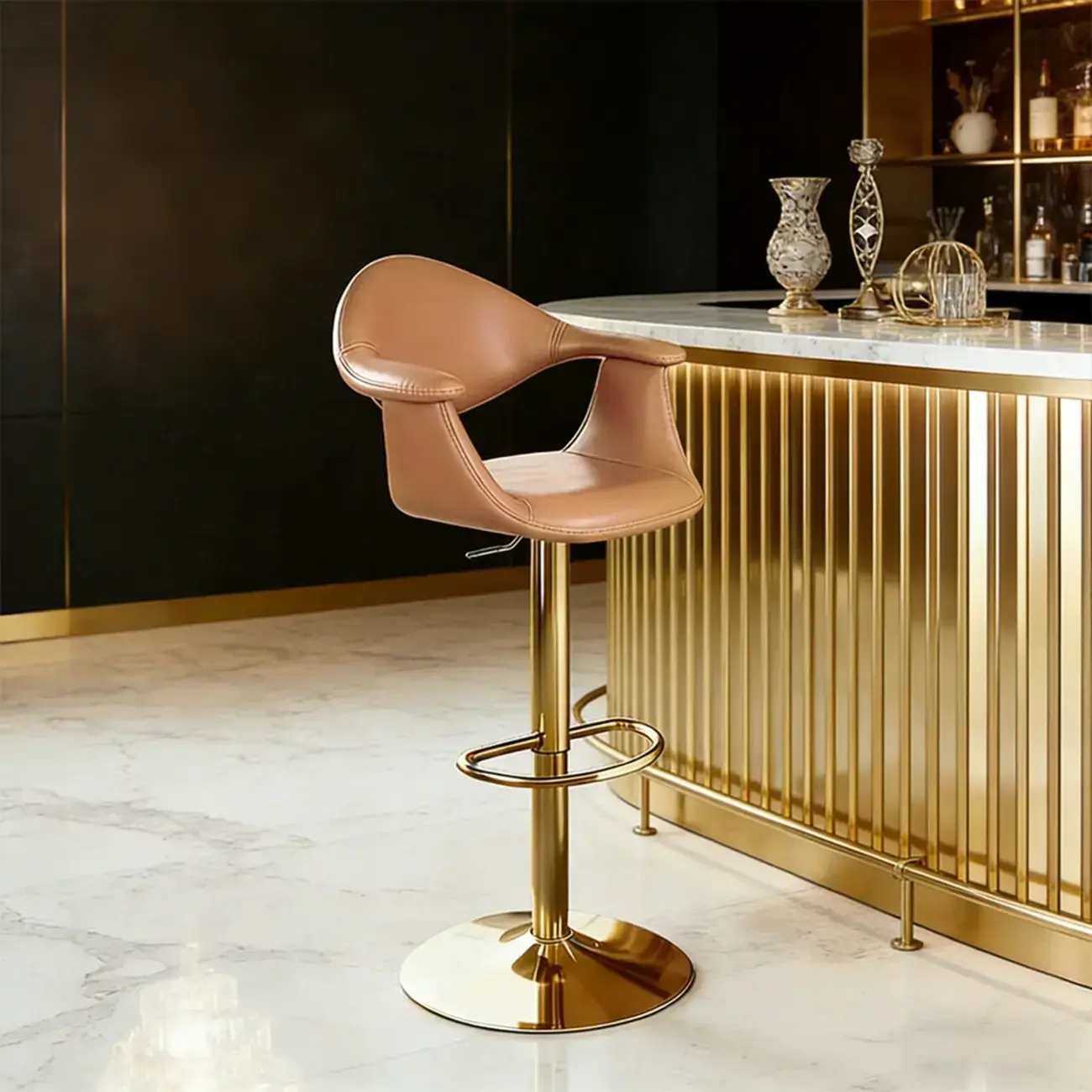 Elegant Adjustable Swivel Golden Cat-scratch Leather Bar Stools Image - 2 | homeyfad