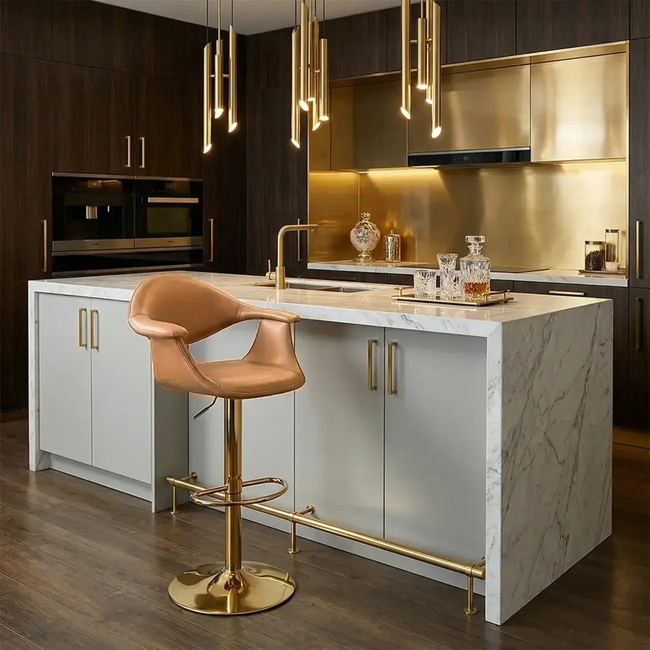 Elegant Adjustable Swivel Golden Cat-scratch Leather Bar Stools Image - 1 | homeyfad