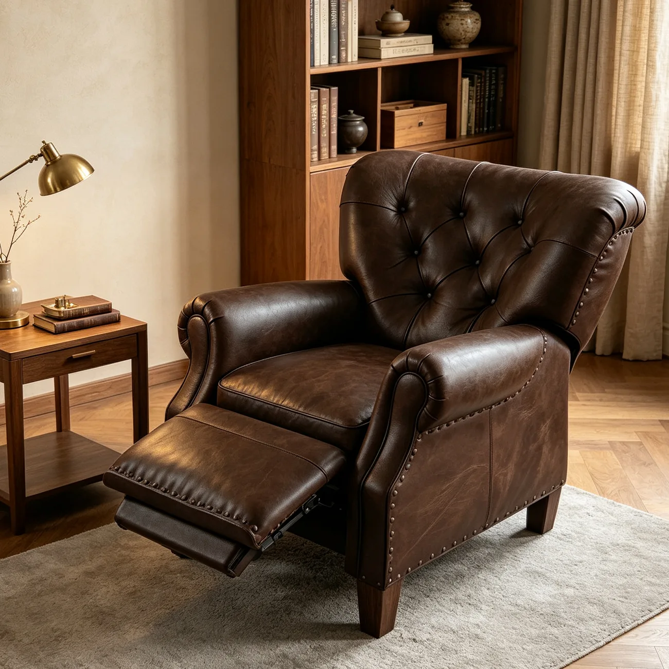 Classic Wide Brown Top-Grain Leather Tufted Manual Recliner Chair Image - 4 | homeyfad