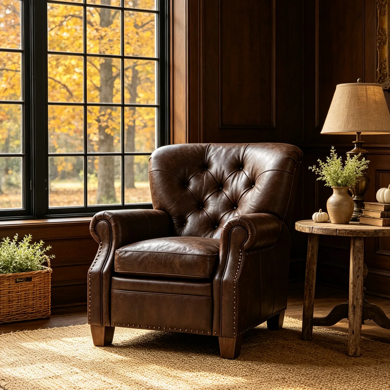 Classic Wide Brown Top-Grain Leather Tufted Manual Recliner Chair Image - 3 | homeyfad