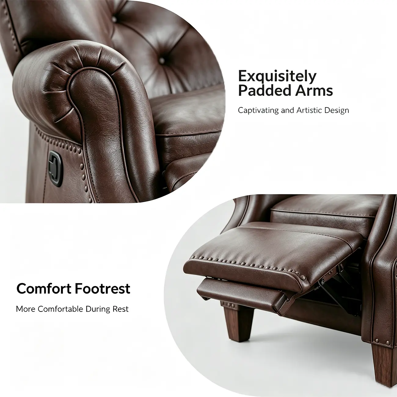 Classic Wide Brown Top-Grain Leather Tufted Manual Recliner Chair Image - 7 | homeyfad