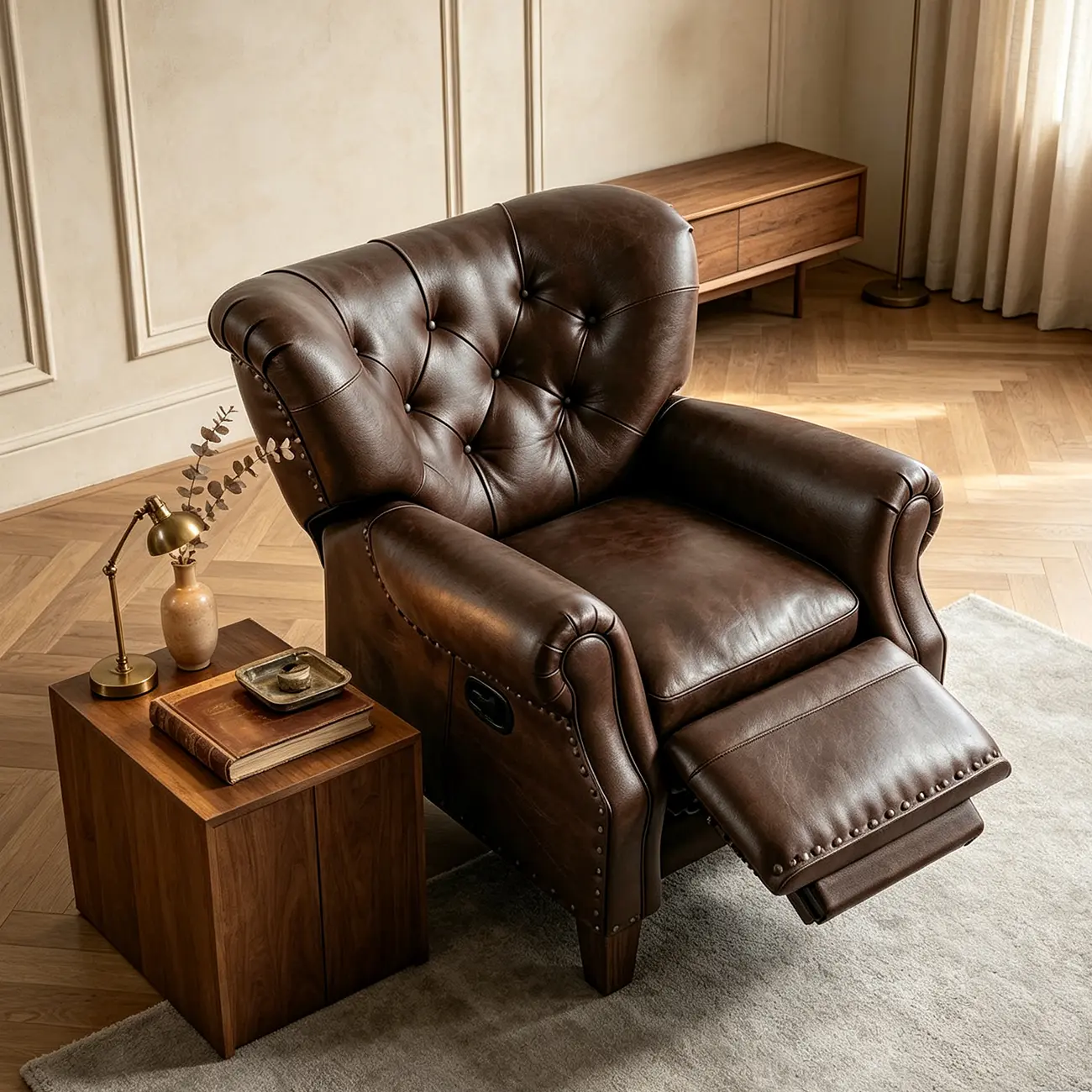 Classic Wide Brown Top-Grain Leather Tufted Manual Recliner Chair Image - 1 | homeyfad