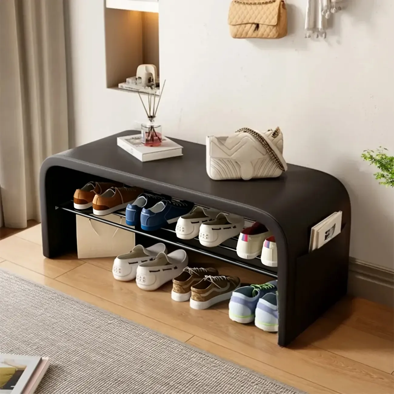 Arched Faux Leather Cushioned Storage Entryway Bench Image - 1 | homeyfad
