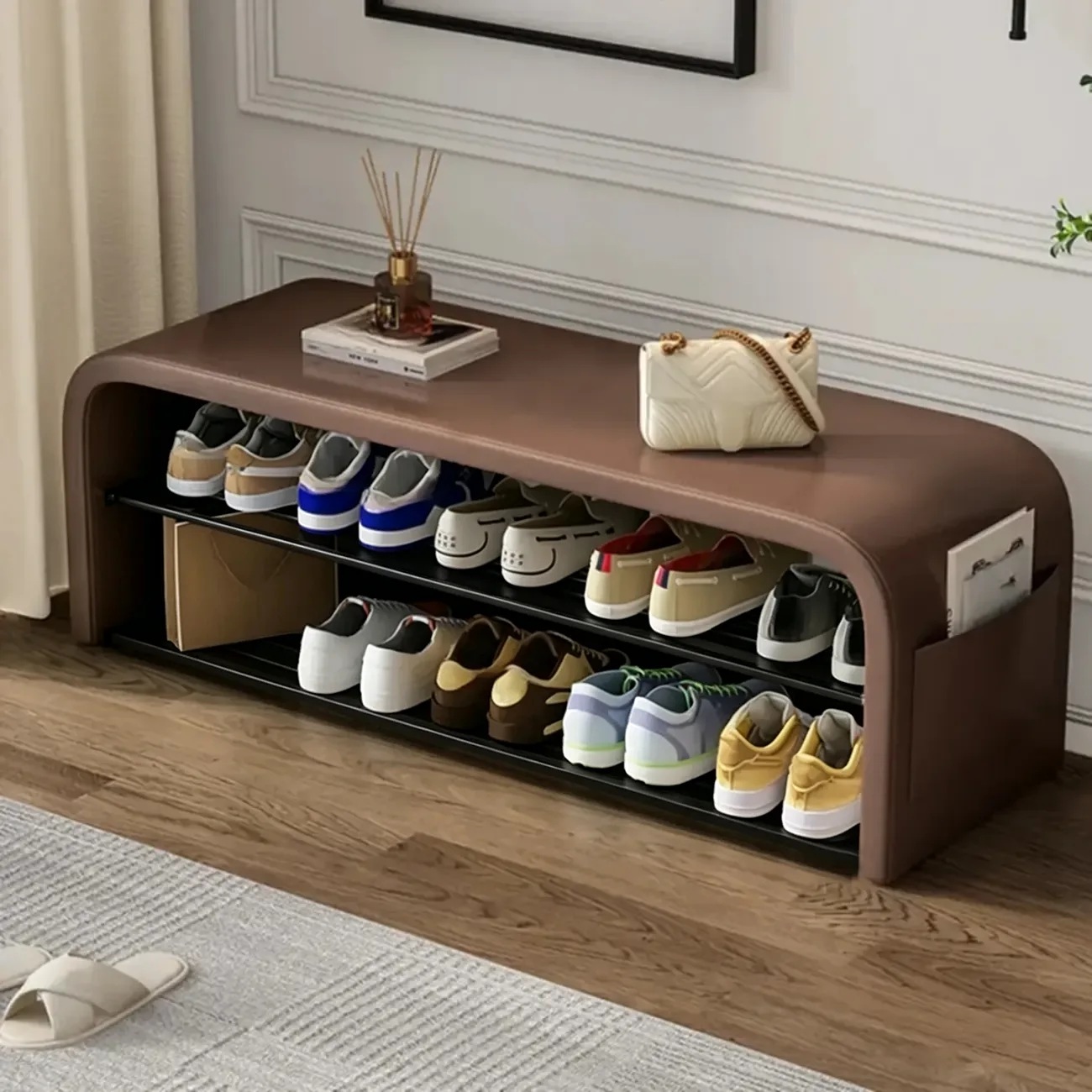 Arched Faux Leather Cushioned Storage Entryway Bench Image - 3 | homeyfad