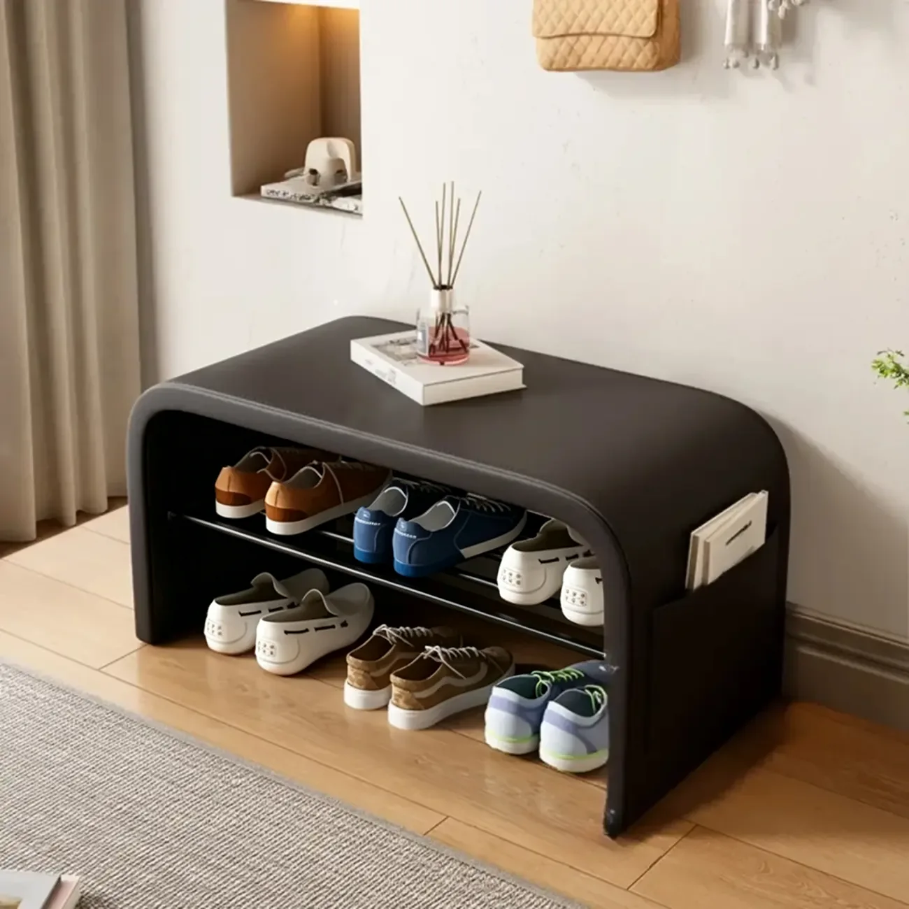 Arched Faux Leather Cushioned Storage Entryway Bench Image - 5 | homeyfad