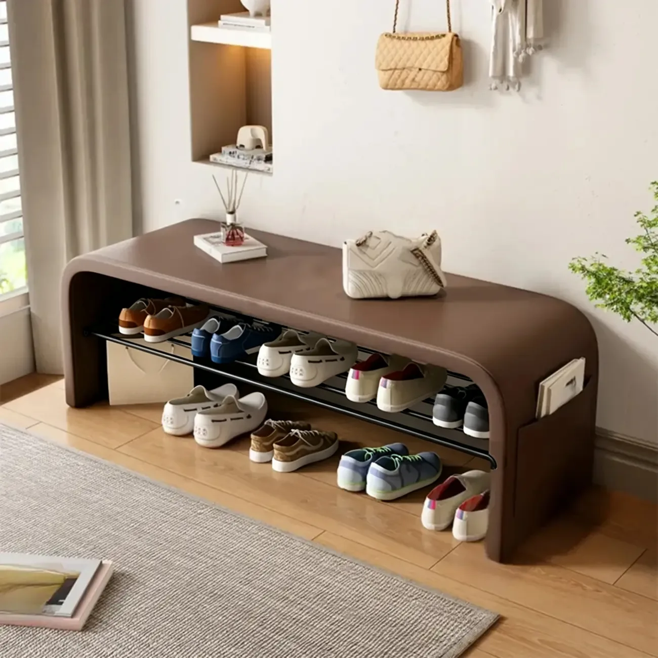Arched Faux Leather Cushioned Storage Entryway Bench Image - 8 | homeyfad