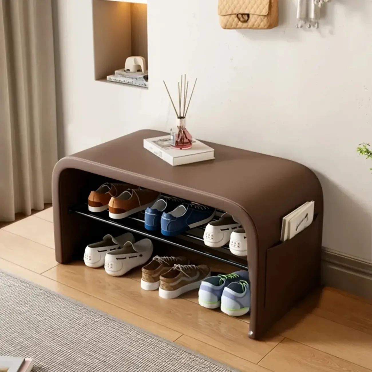 Arched Faux Leather Cushioned Storage Entryway Bench Image - 9 | homeyfad