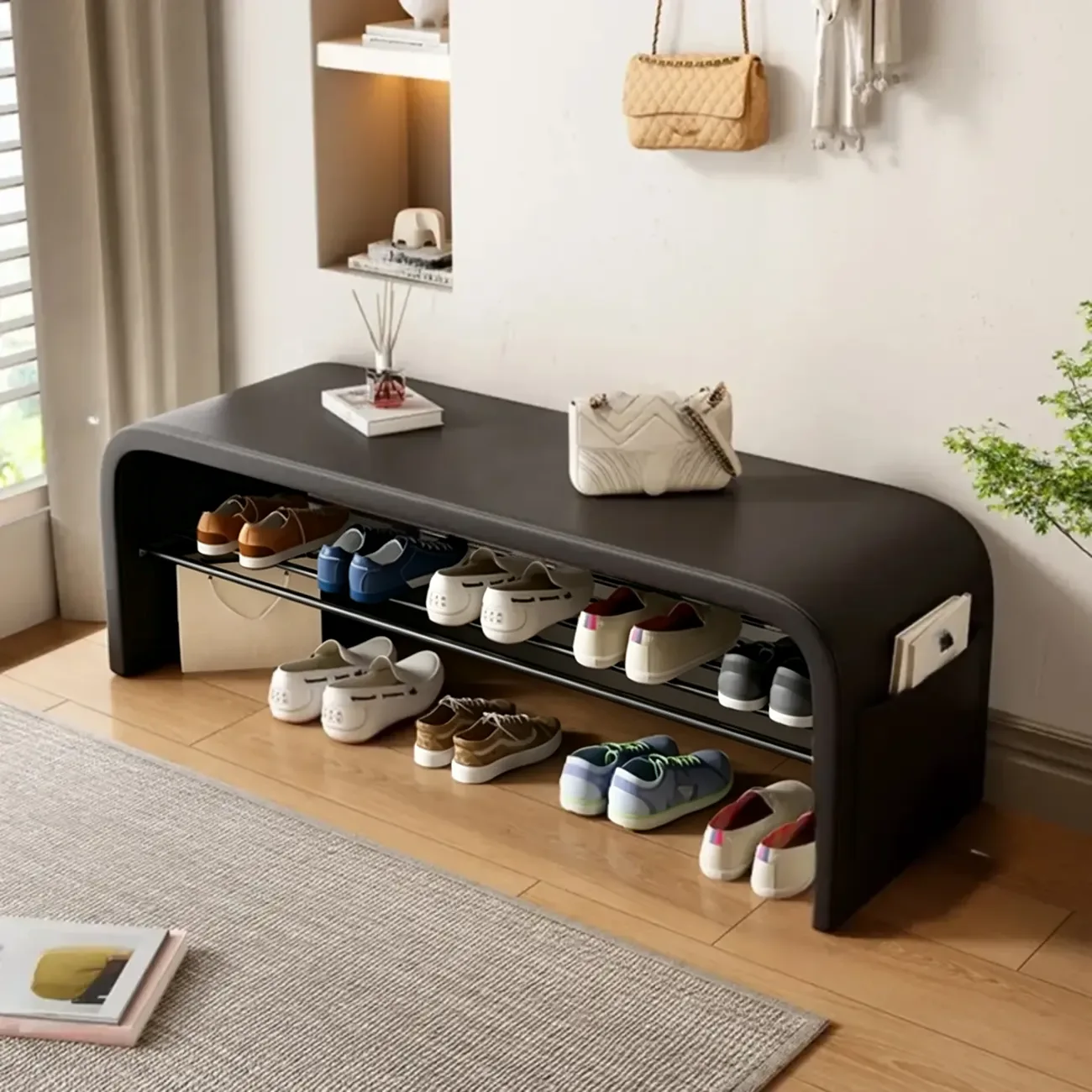 Arched Faux Leather Cushioned Storage Entryway Bench Image - 12 | homeyfad