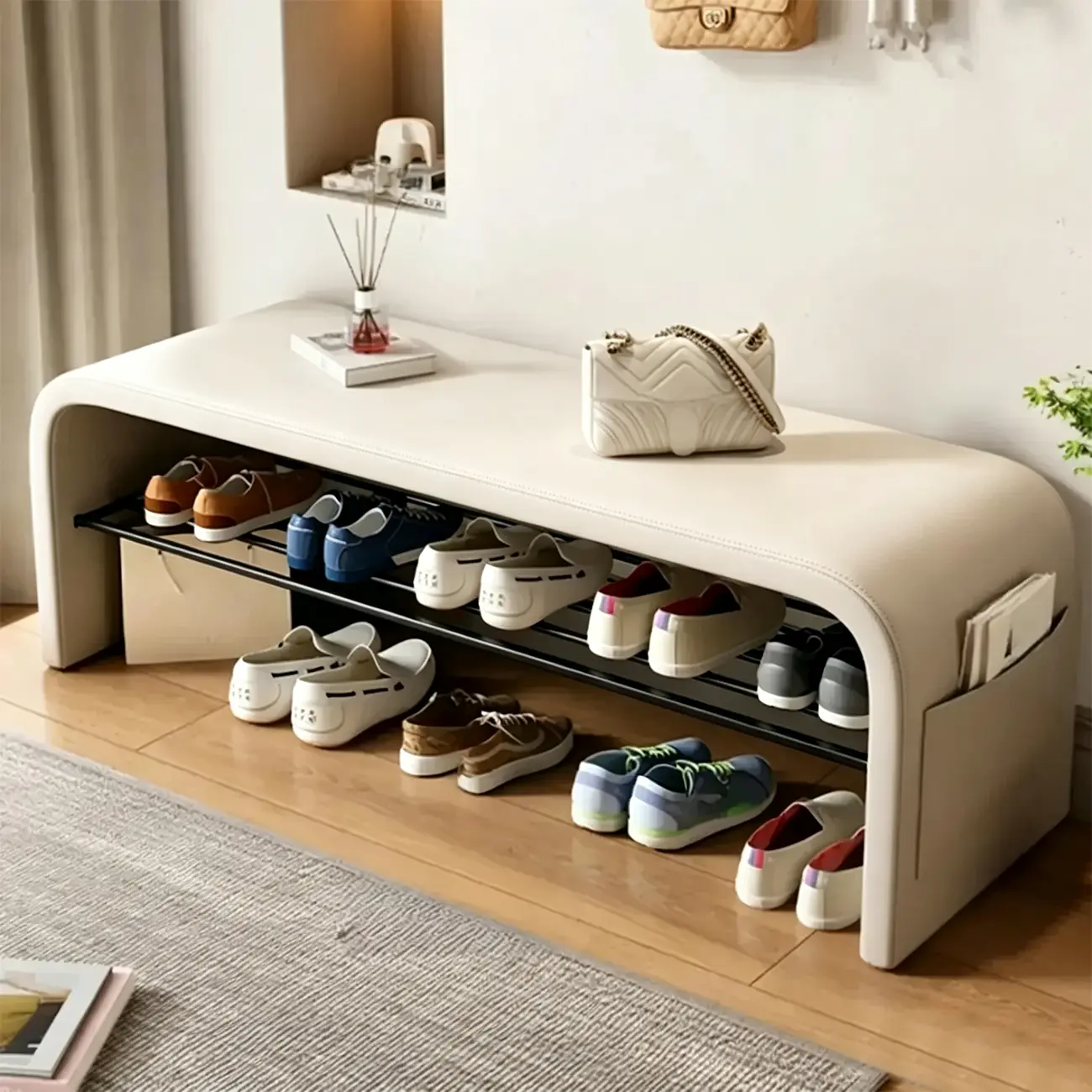 Arched Faux Leather Cushioned Storage Entryway Bench Image - 2 | homeyfad