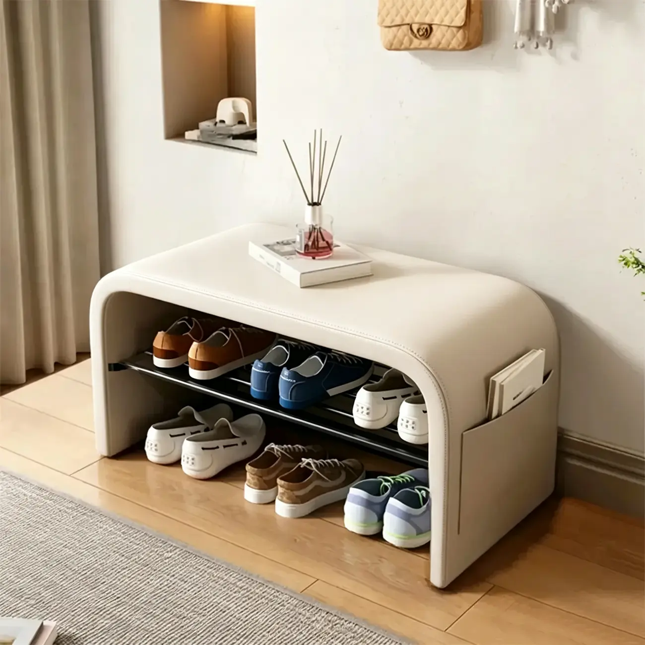 Arched Faux Leather Cushioned Storage Entryway Bench Image - 11 | homeyfad