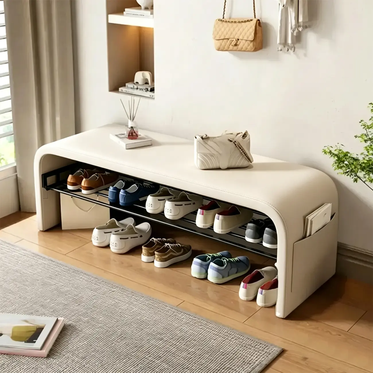 Arched Faux Leather Cushioned Storage Entryway Bench Image - 10 | homeyfad