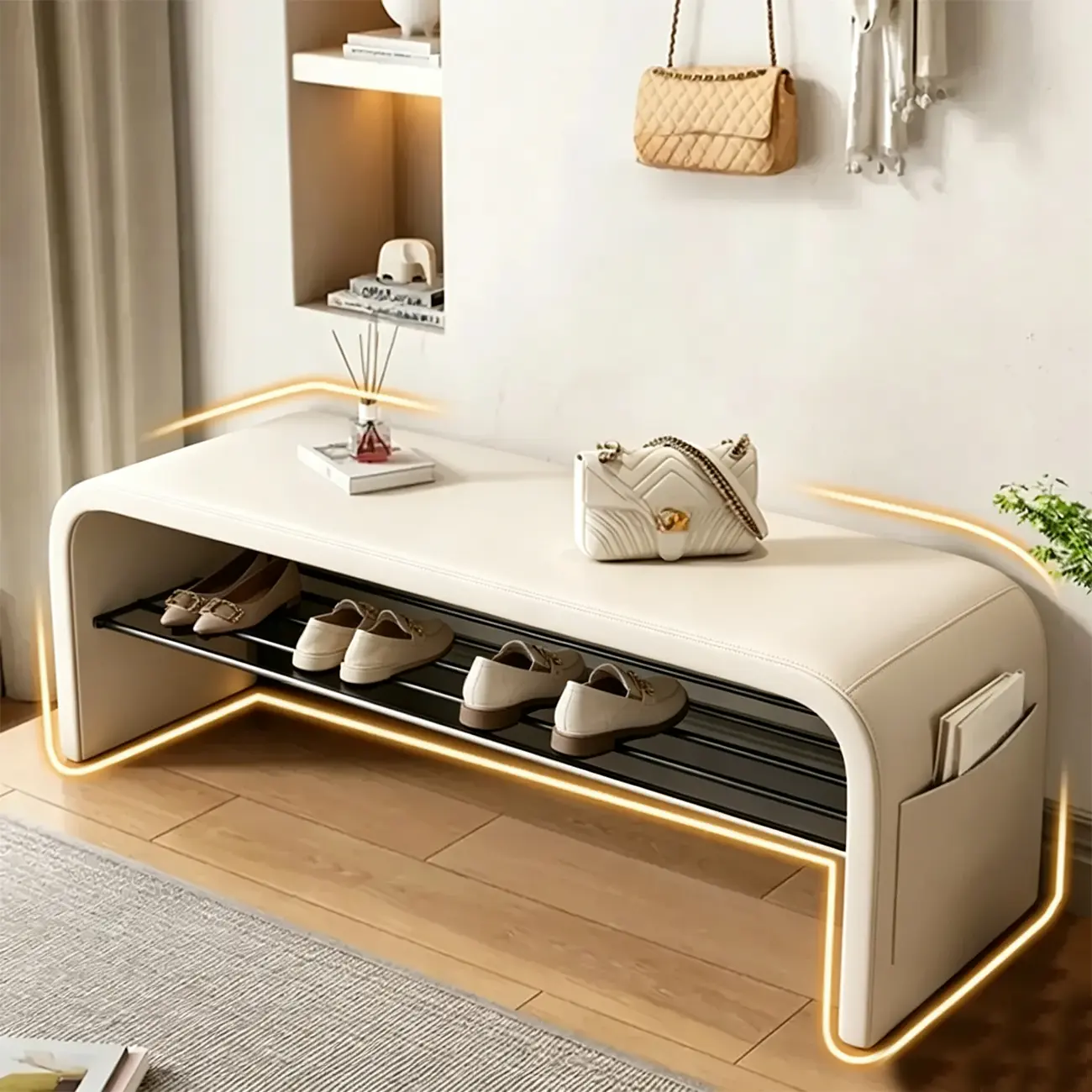 Arched Faux Leather Cushioned Storage Entryway Bench Image - 6 | homeyfad