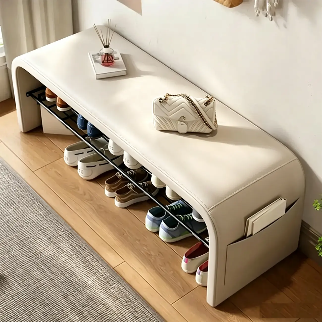 Arched Faux Leather Cushioned Storage Entryway Bench Image - 7 | homeyfad