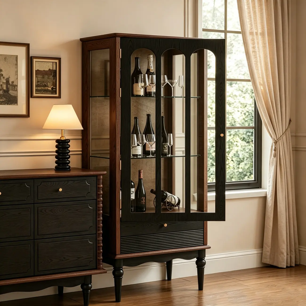 French Vintage Arched Glass Wood Wine Cabinet Image - 6 | homeyfad