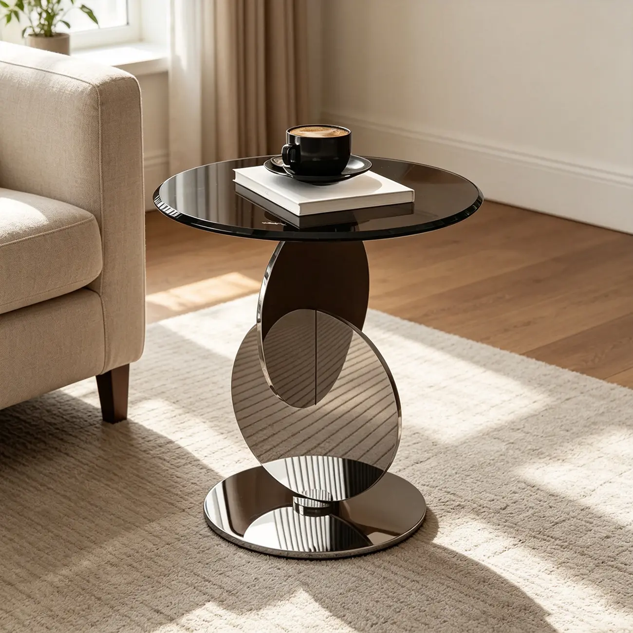 Modern Round Glass Top Stainless Pedestal Side Table Image - 2 | homeyfad