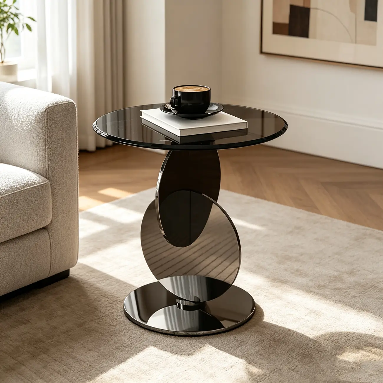 Modern Round Glass Top Stainless Pedestal Side Table Image - 3 | homeyfad