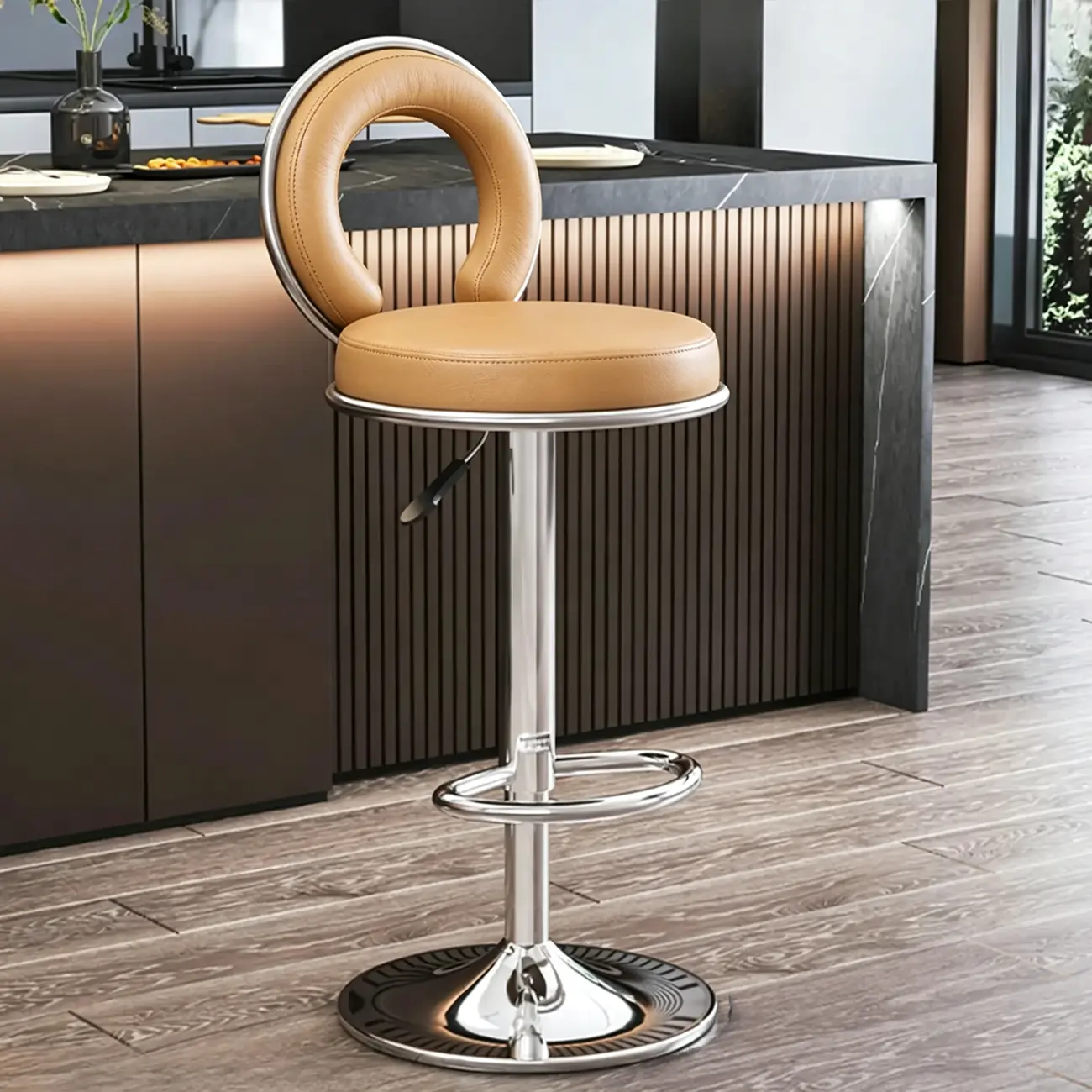Glam Round Adjustable Leather Swivel Bar Stool with Back Image - 7 | homeyfad