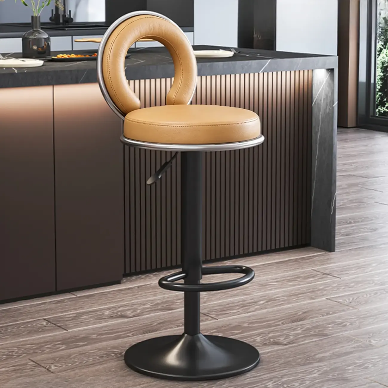 Glam Round Adjustable Leather Swivel Bar Stool with Back Image - 12 | homeyfad