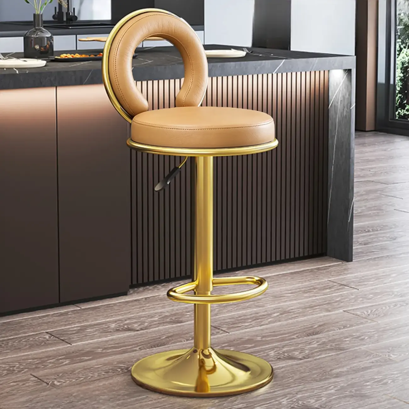 Glam Round Adjustable Leather Swivel Bar Stool with Back Image - 20 | homeyfad