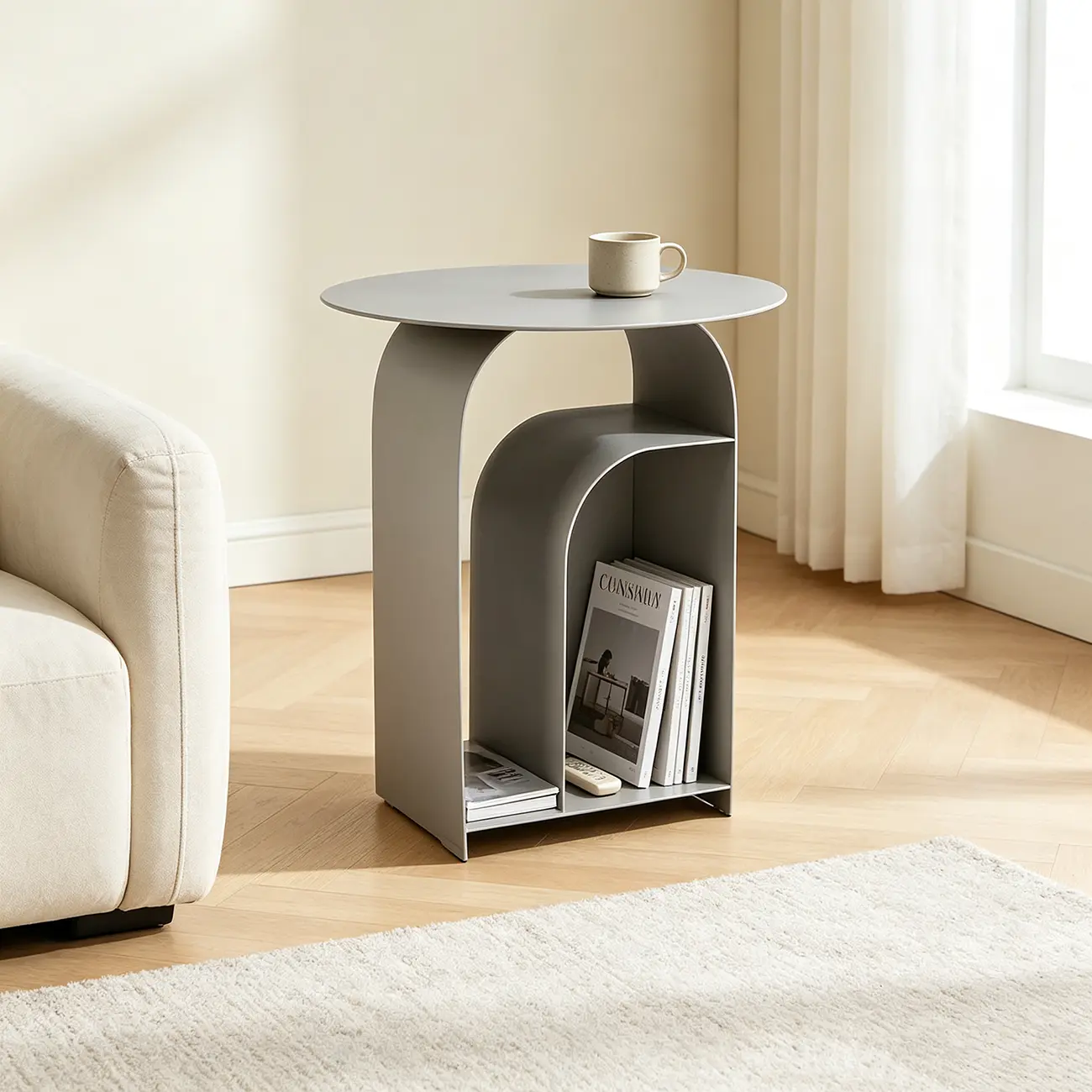 Industrial Narrow White Metal Bedside Table with Round Top Image - 4 | homeyfad
