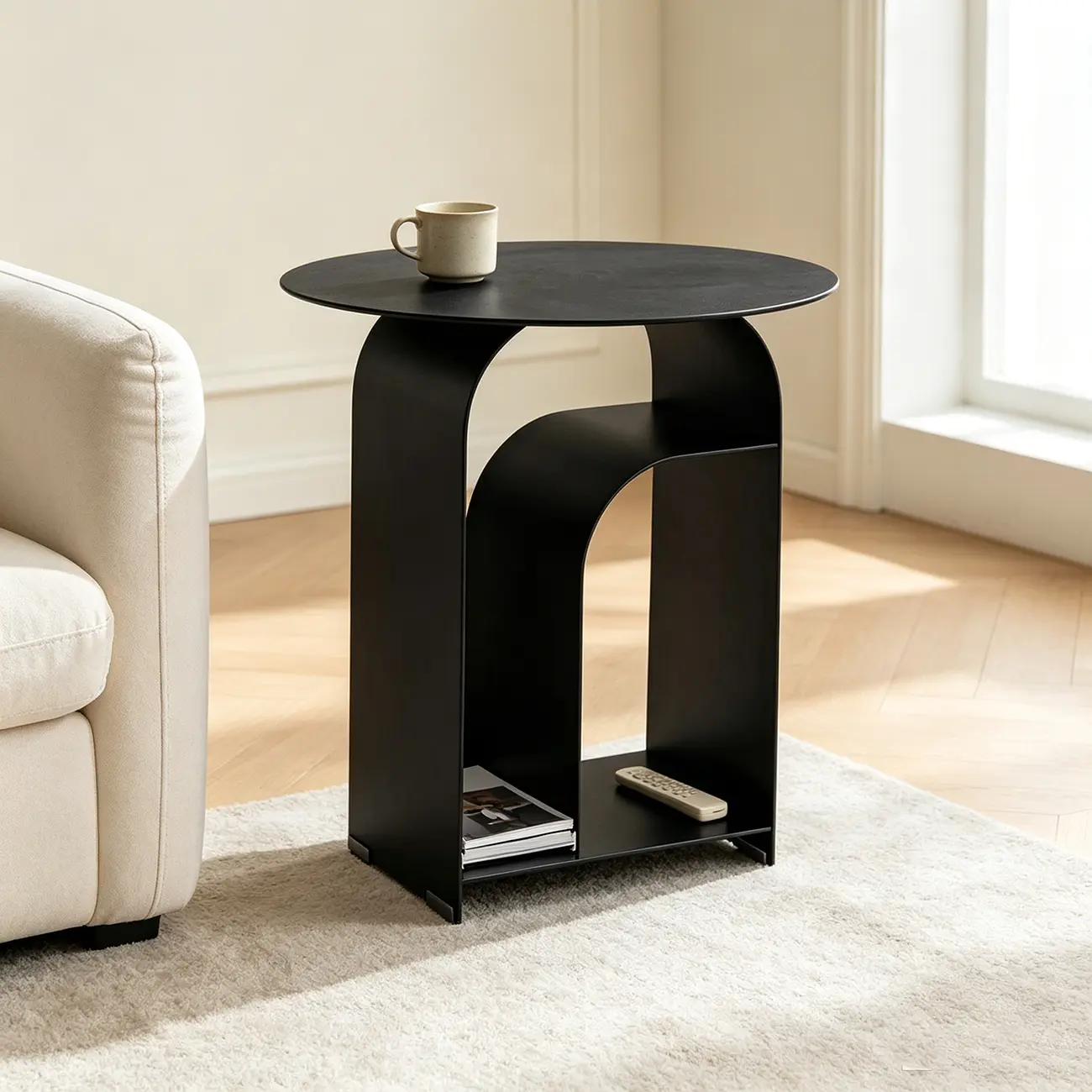 Industrial Narrow White Metal Bedside Table with Round Top Image - 3 | homeyfad