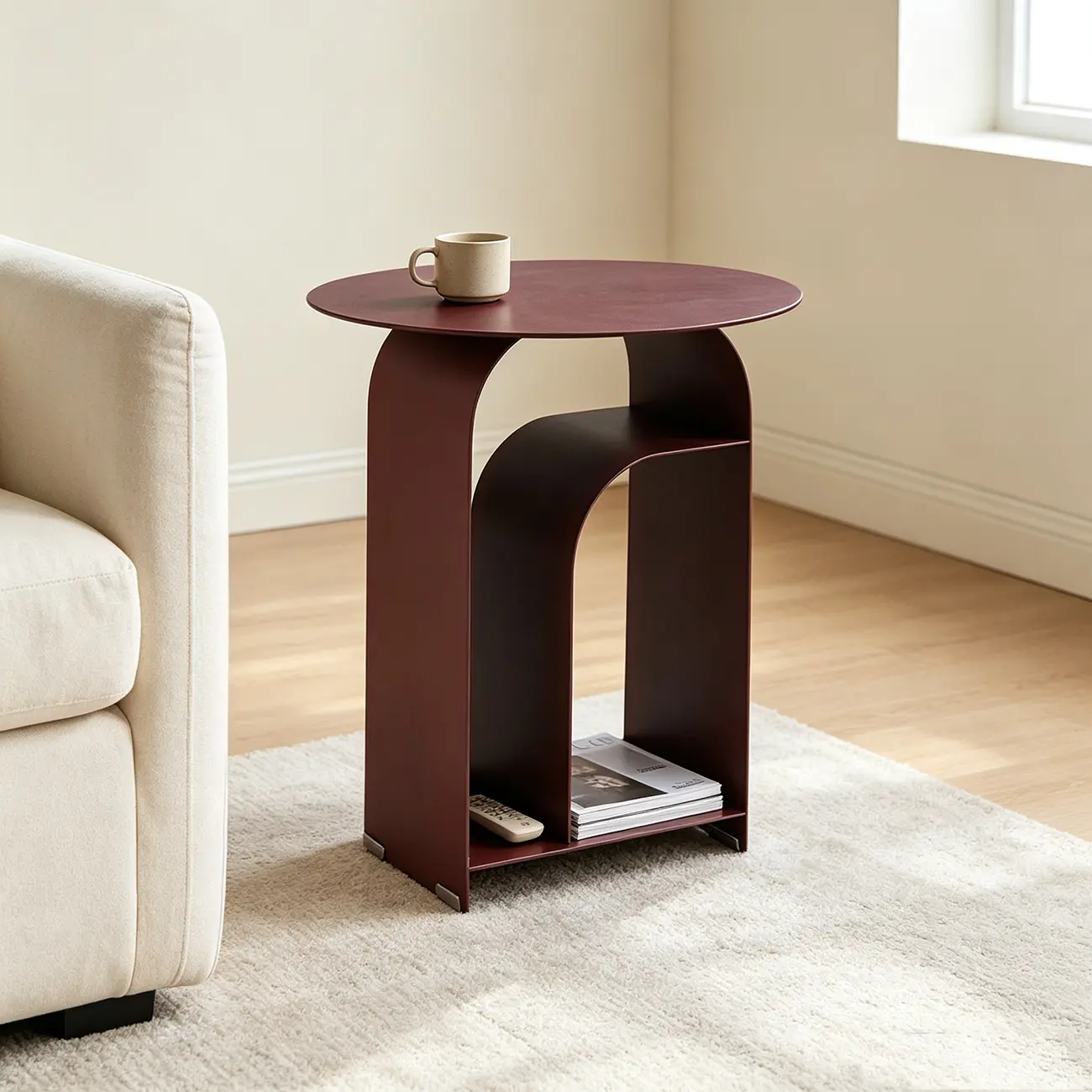 Industrial Narrow White Metal Bedside Table with Round Top Image - 5 | homeyfad