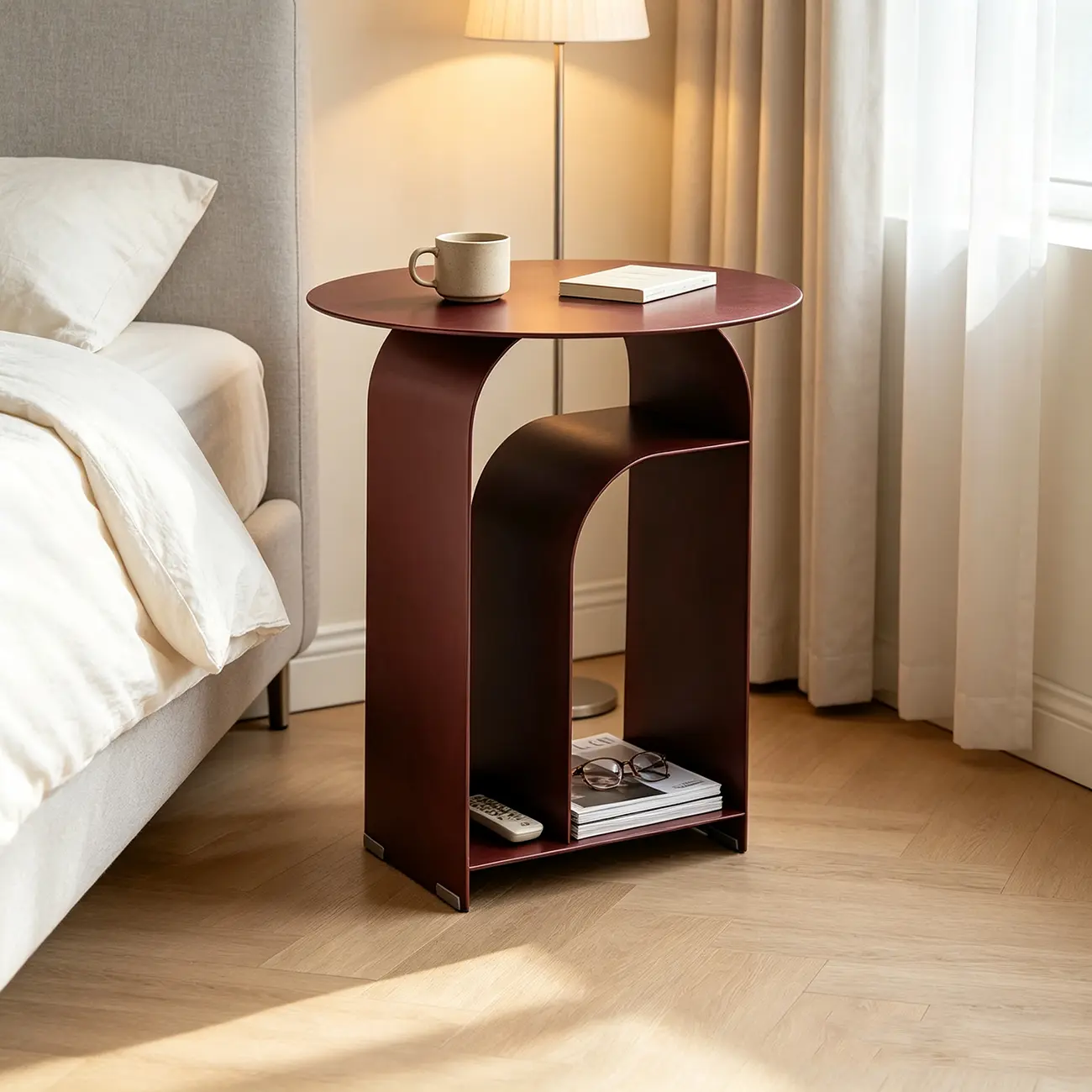 Industrial Narrow White Metal Bedside Table with Round Top Image - 1 | homeyfad