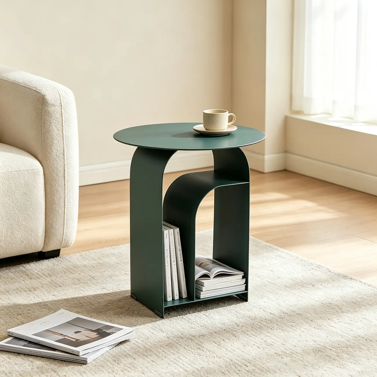 Industrial Narrow White Metal Bedside Table with Round Top Image - 2 | homeyfad