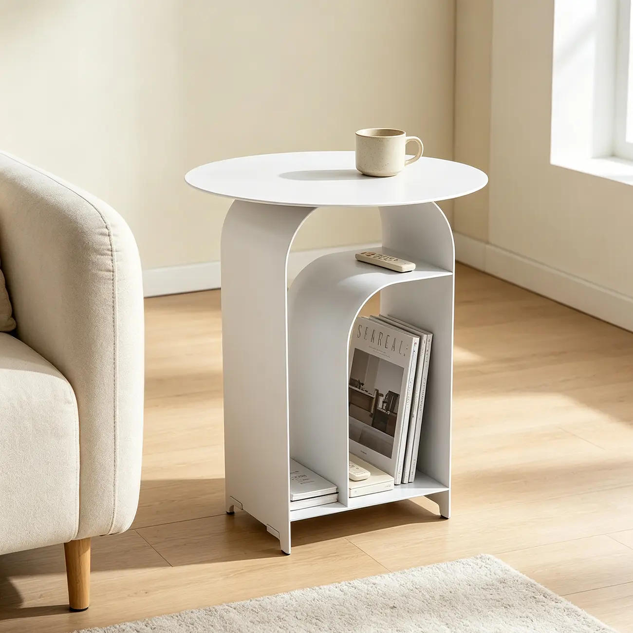 Industrial Narrow White Metal Bedside Table with Round Top Image - 6 | homeyfad