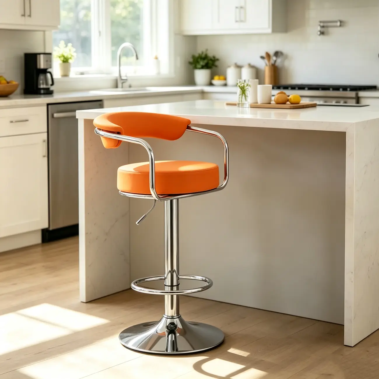 Modern Chrome Faux Leather Ergonomic Adjustable Bar Stool Image - 9 | homeyfad