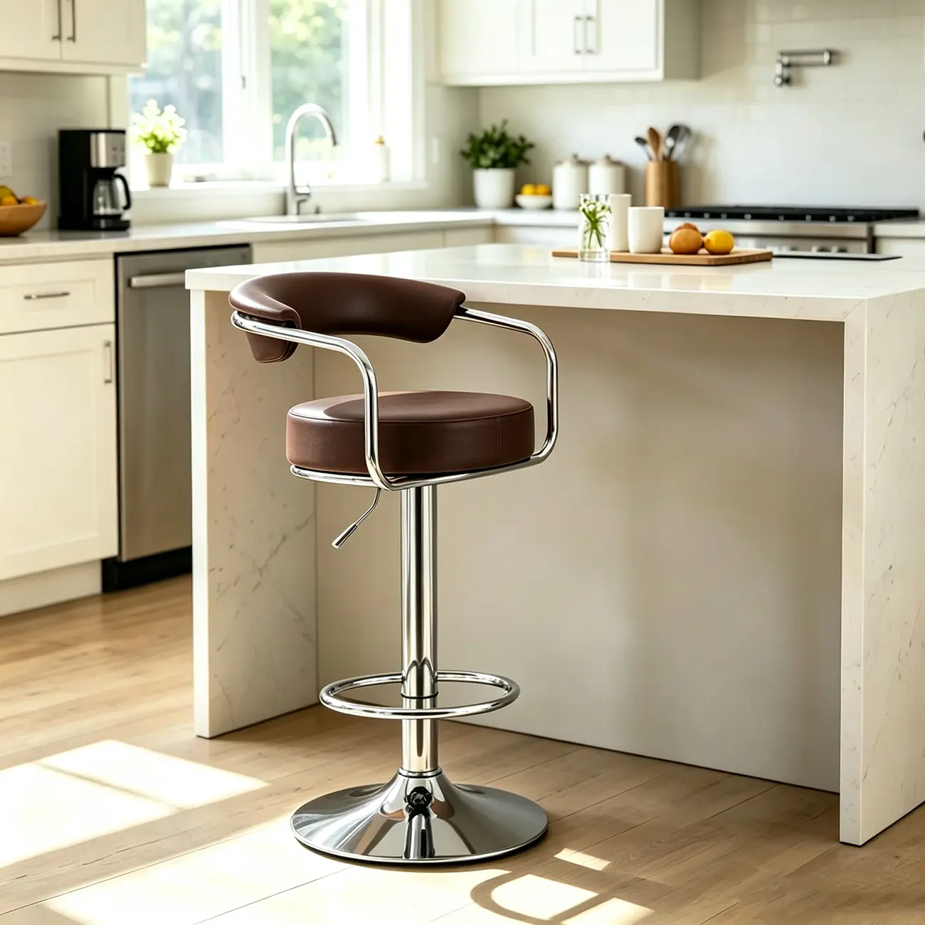 Modern Chrome Faux Leather Ergonomic Adjustable Bar Stool Image - 5 | homeyfad
