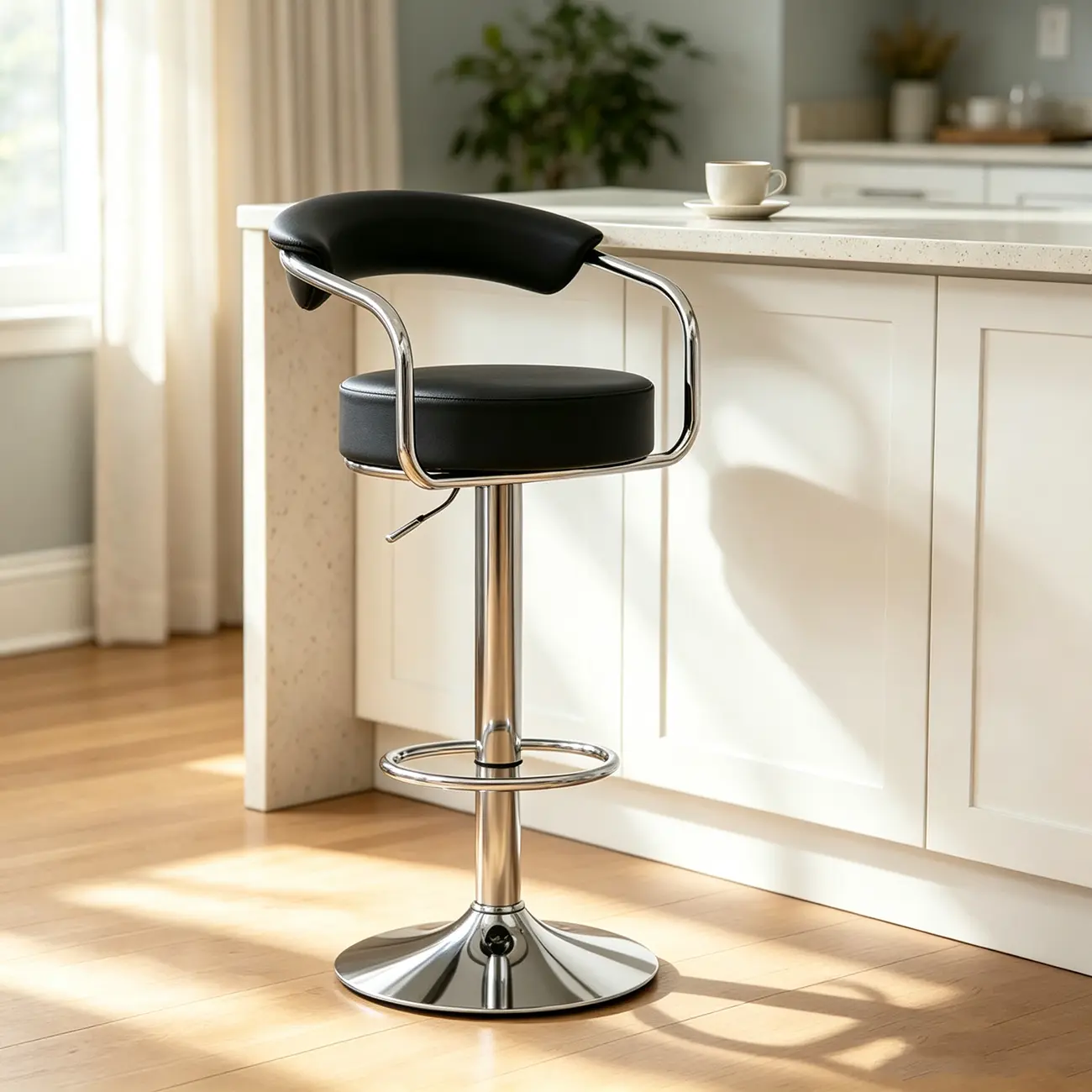 Modern Chrome Faux Leather Ergonomic Adjustable Bar Stool Image - 10 | homeyfad