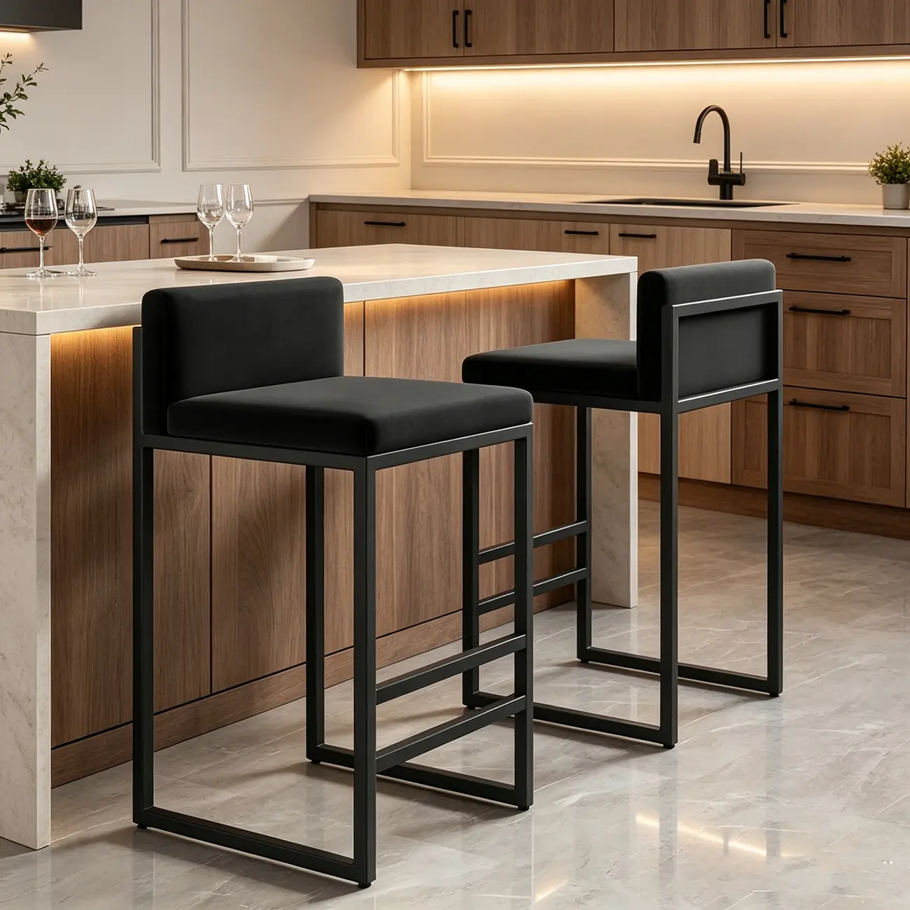 Square Velvet Upholstered Metal Base Counter Bar Stools Image - 3 | homeyfad