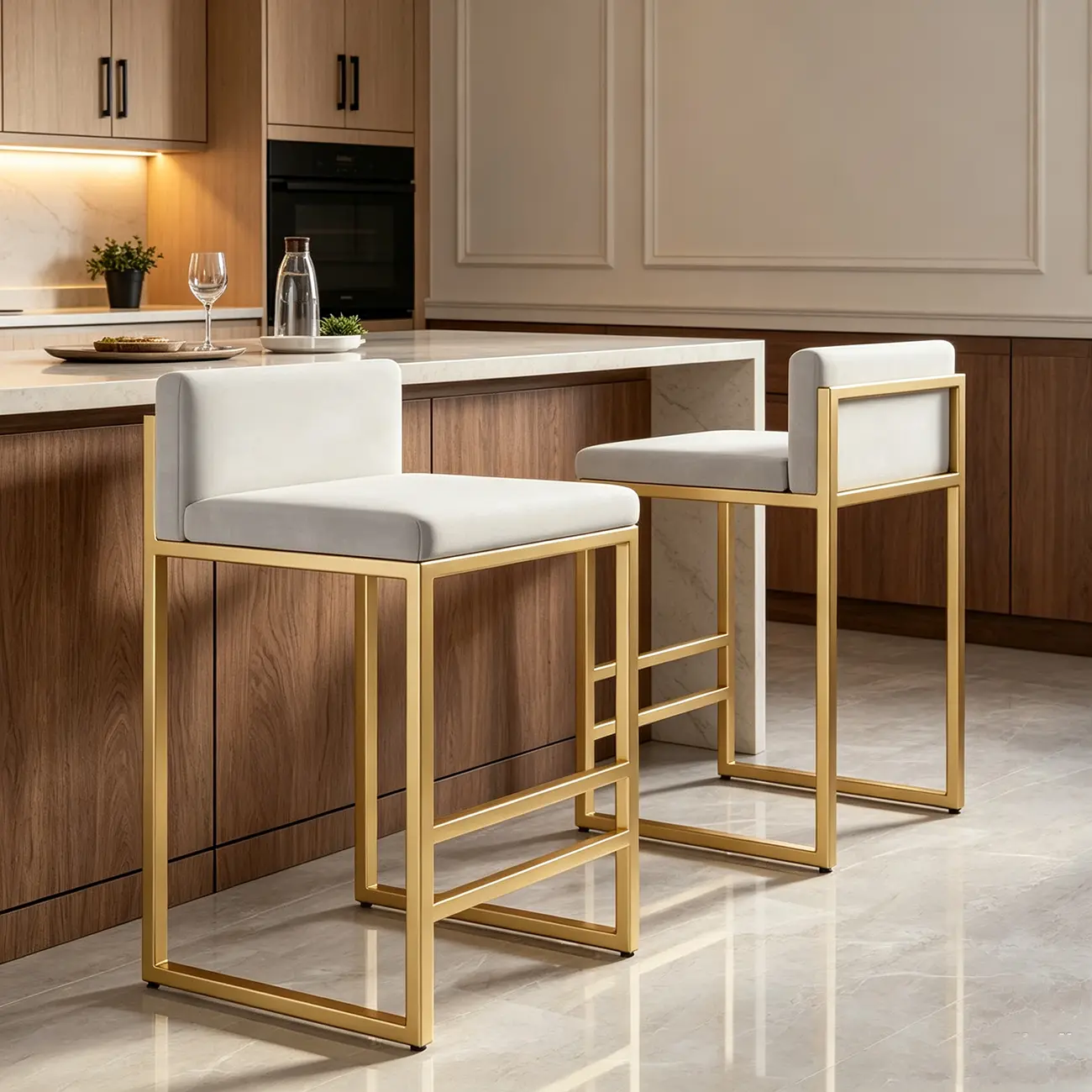 Square Velvet Upholstered Metal Base Counter Bar Stools Image - 2 | homeyfad