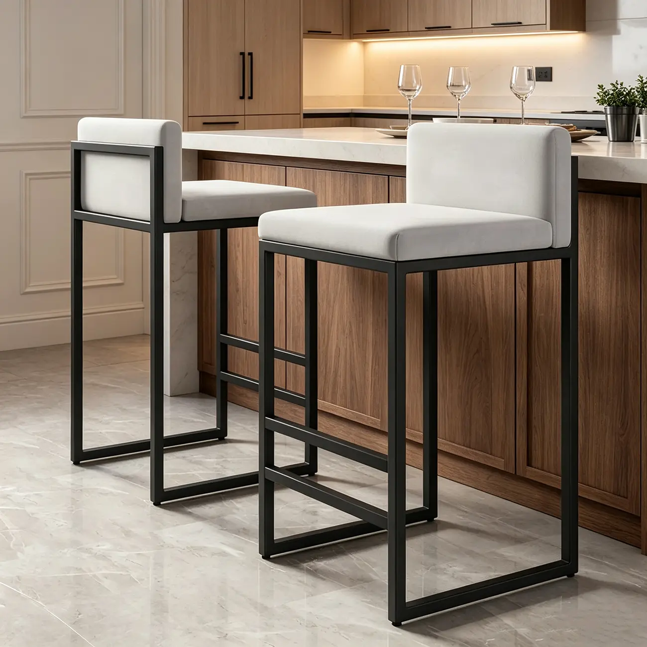 Square Velvet Upholstered Metal Base Counter Bar Stools Image - 4 | homeyfad