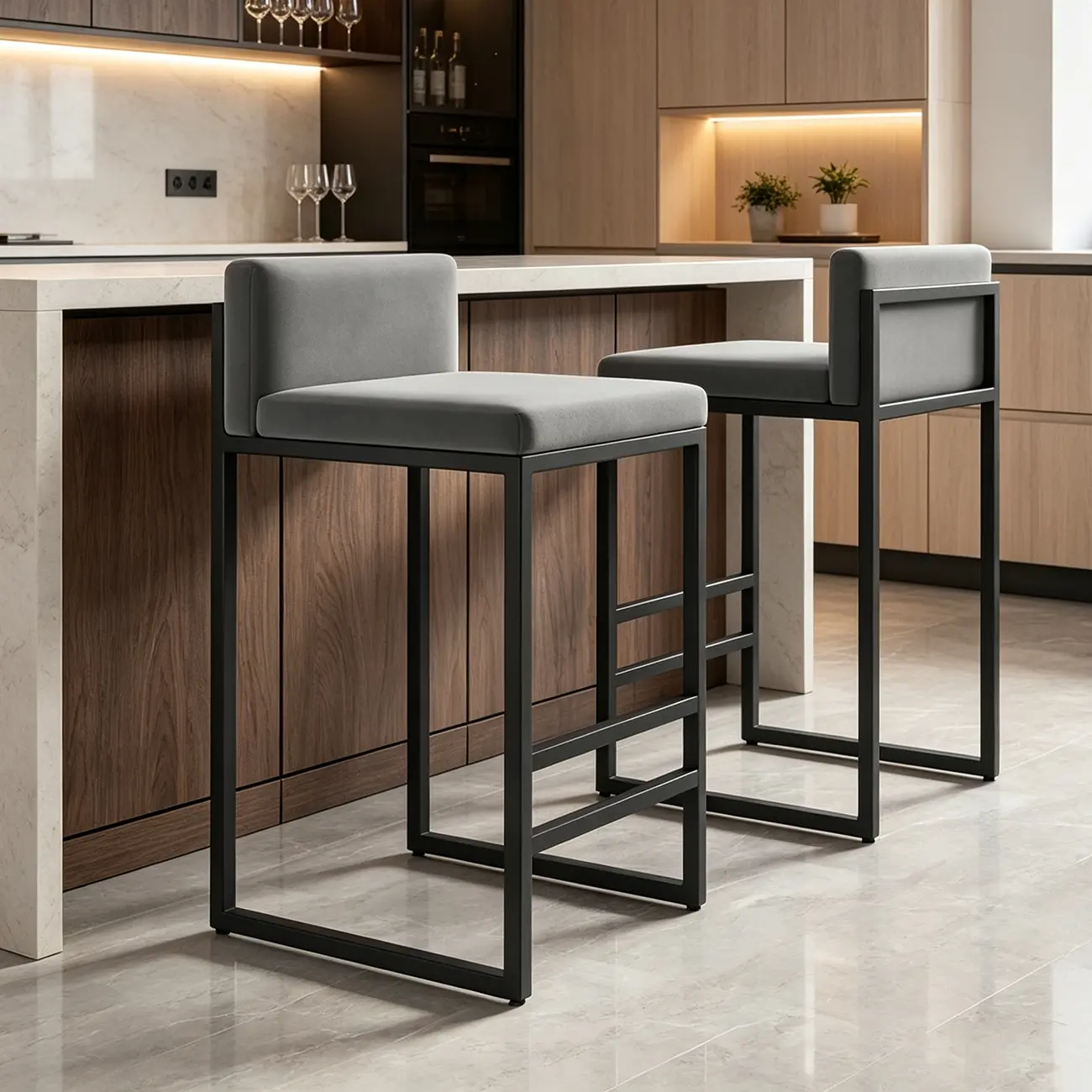 Square Velvet Upholstered Metal Base Counter Bar Stools Image - 1 | homeyfad
