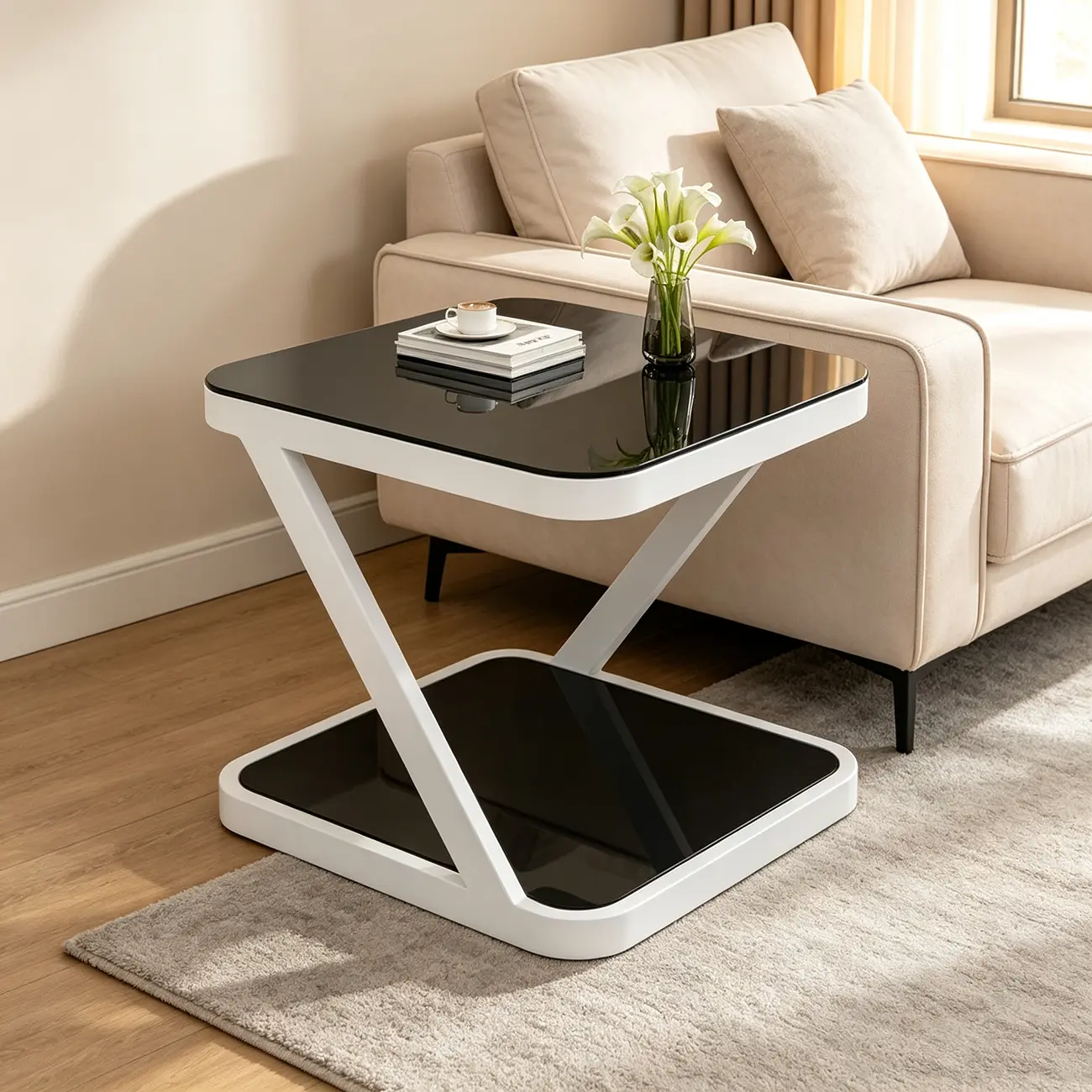 2-Tier Black Glass End Table with Storage for Living Room Image - 4 | homeyfad