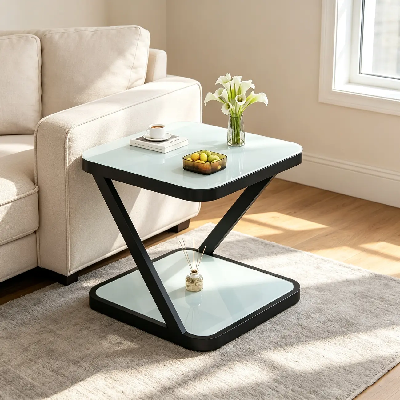 2-Tier Black Glass End Table with Storage for Living Room Image - 6 | homeyfad