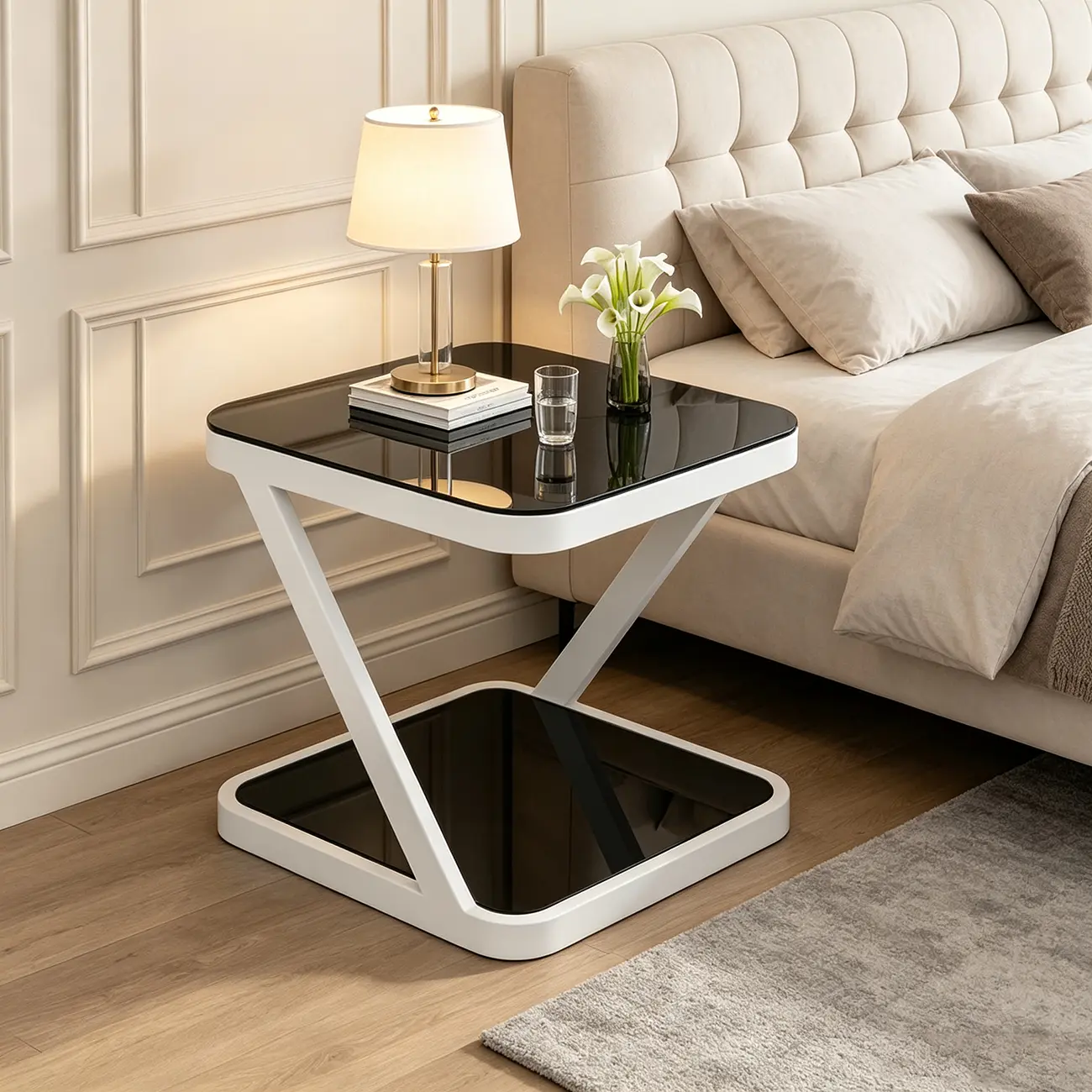 2-Tier Black Glass End Table with Storage for Living Room Image - 3 | homeyfad