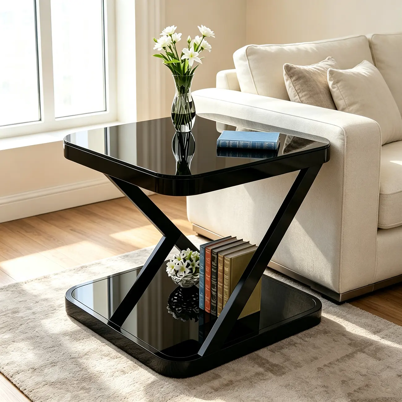 2-Tier Black Glass End Table with Storage for Living Room Image - 1 | homeyfad
