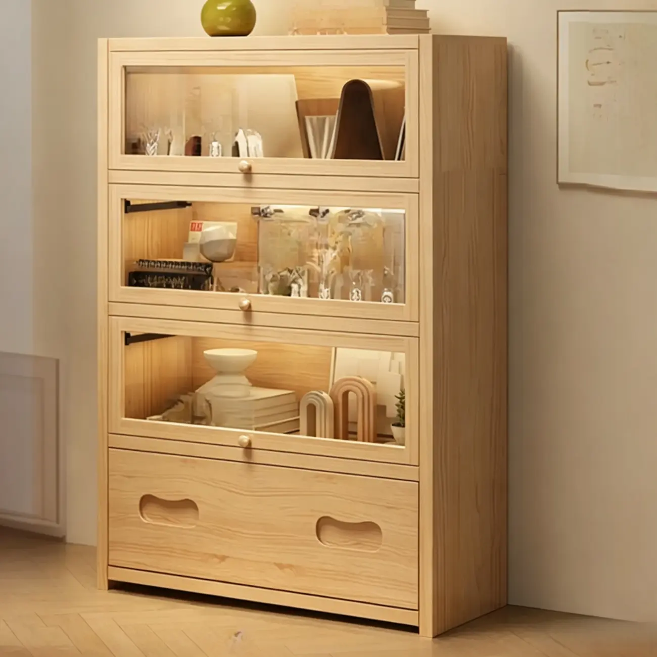 Natural Finish Flip-Top Wooden Bookcase with Acrylic Doors Image - 5 | homeyfad
